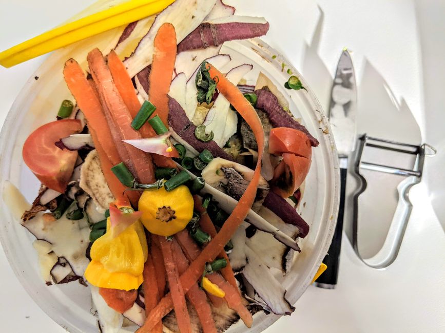 A small countertop compost pail on a kitchen counter holding vegetable scraps and coffee grounds