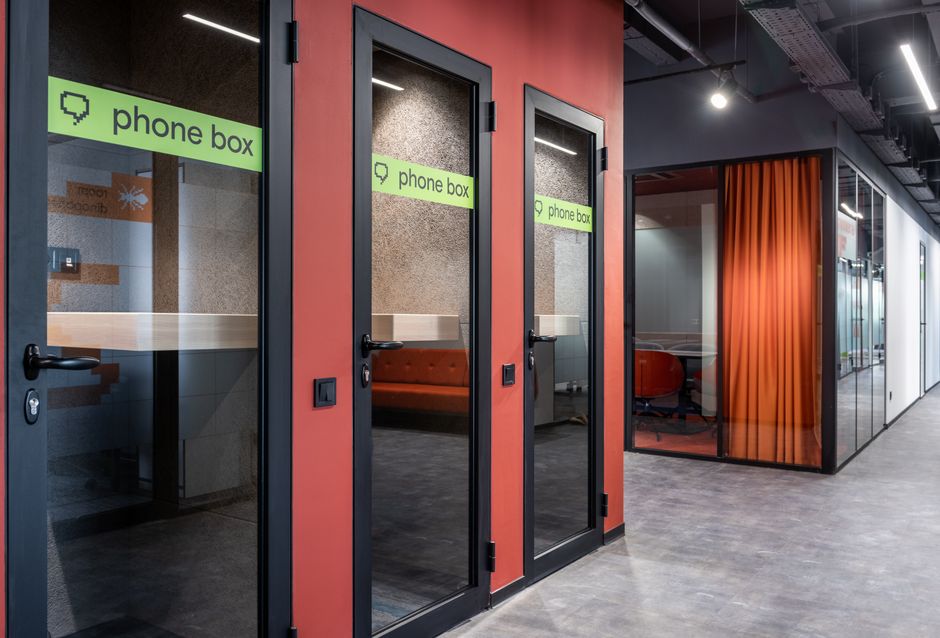 A small enclosed phone booth for taking calls in a shared workspace