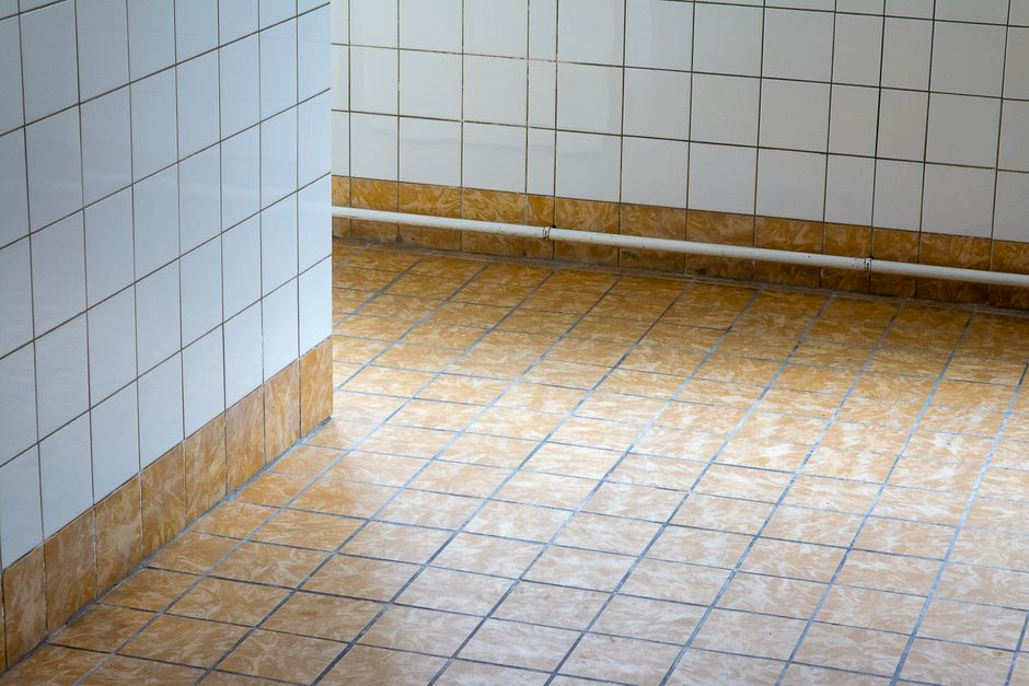 Close up of black mold growing along bathroom grout lines and a tiled corner